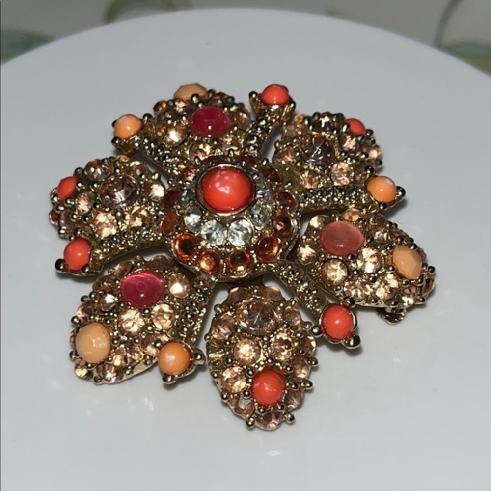 Vintage Pink Coral and gemstones starburst brooch